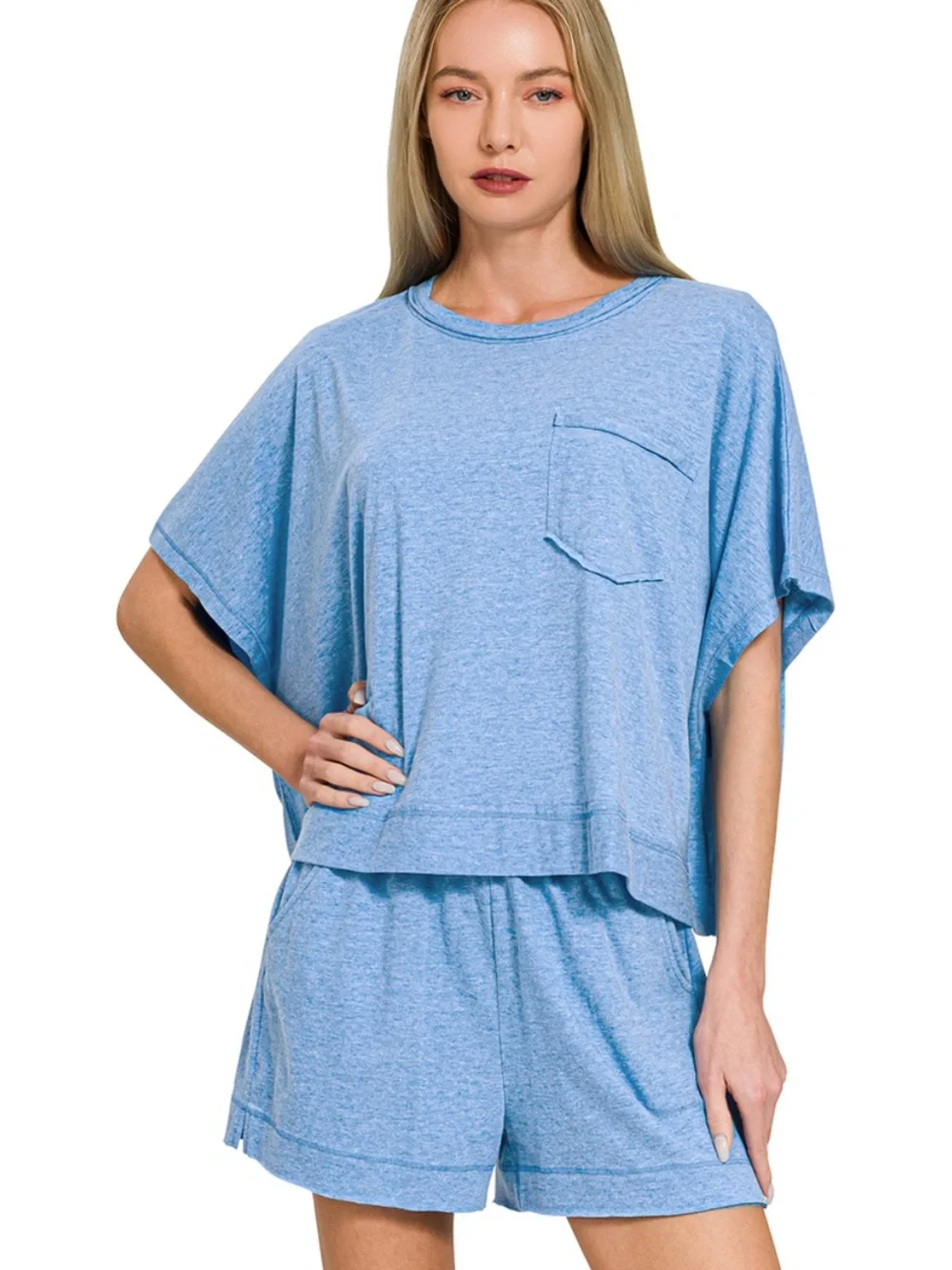 NEW Zenana Heather Ocean Blue Exposed Seam Boxy Top & Shorts Set – Medium